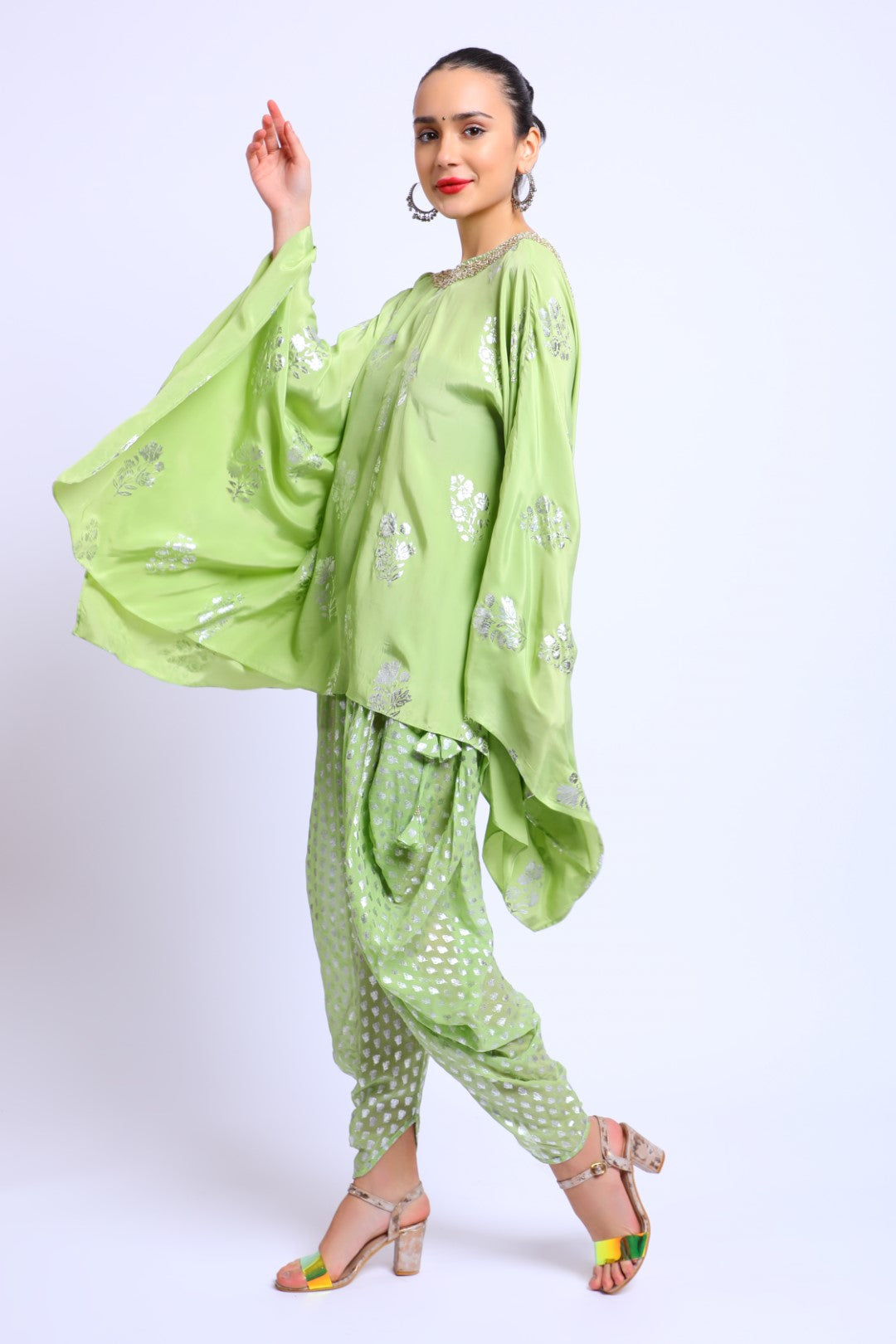 Sea Green Crepe Emb Kaftan Top with Dhoti and Scarf
