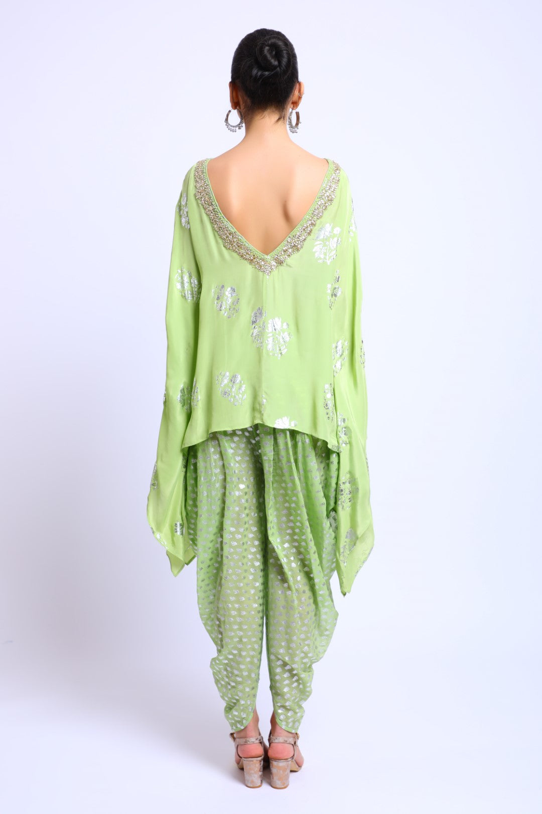 Sea Green Crepe Emb Kaftan Top with Dhoti and Scarf