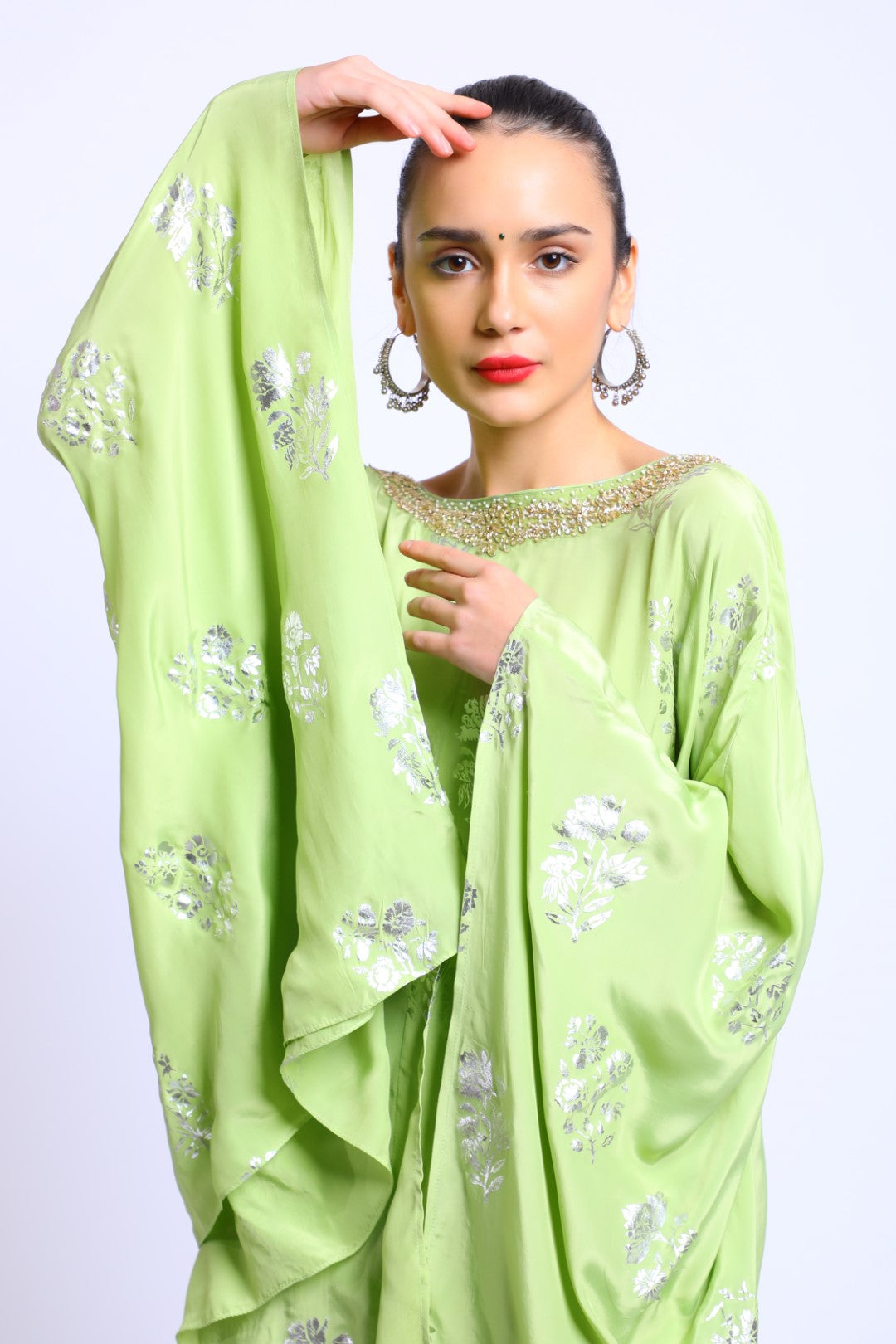 Sea Green Crepe Emb Kaftan Top with Dhoti and Scarf