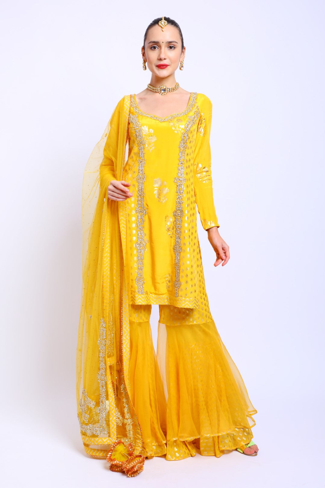 Yellow Crepe Embroidered Kurta with Sharara and Emb Dupatta