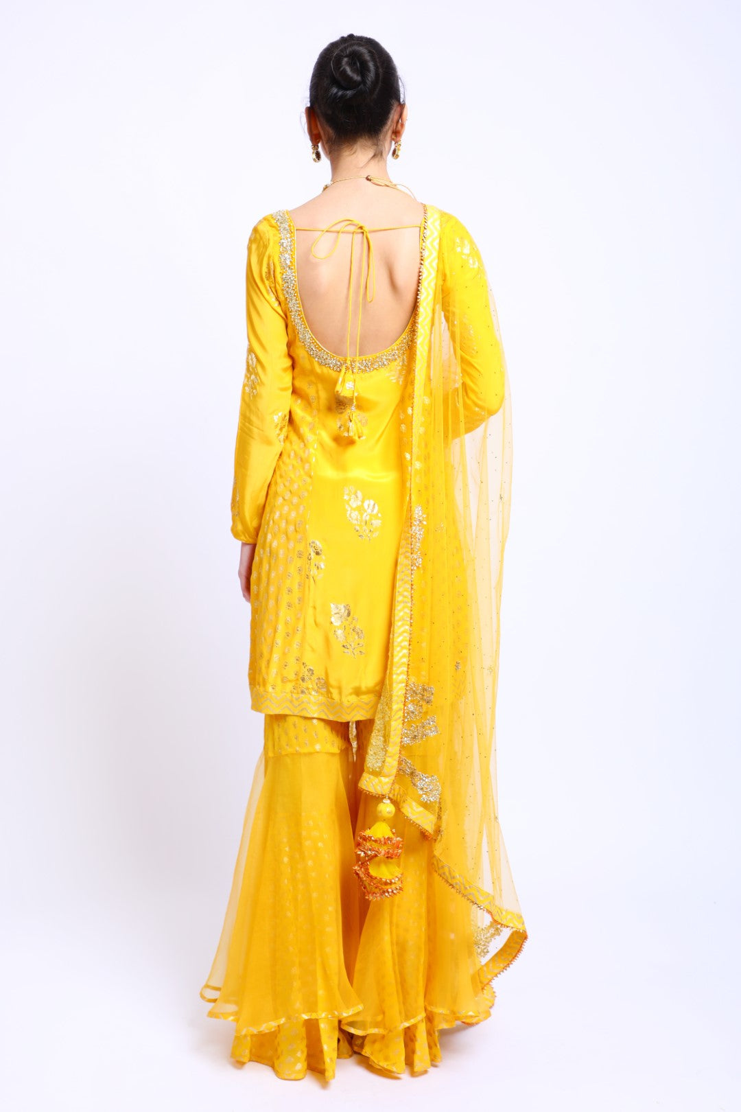 Yellow Crepe Embroidered Kurta with Sharara and Emb Dupatta