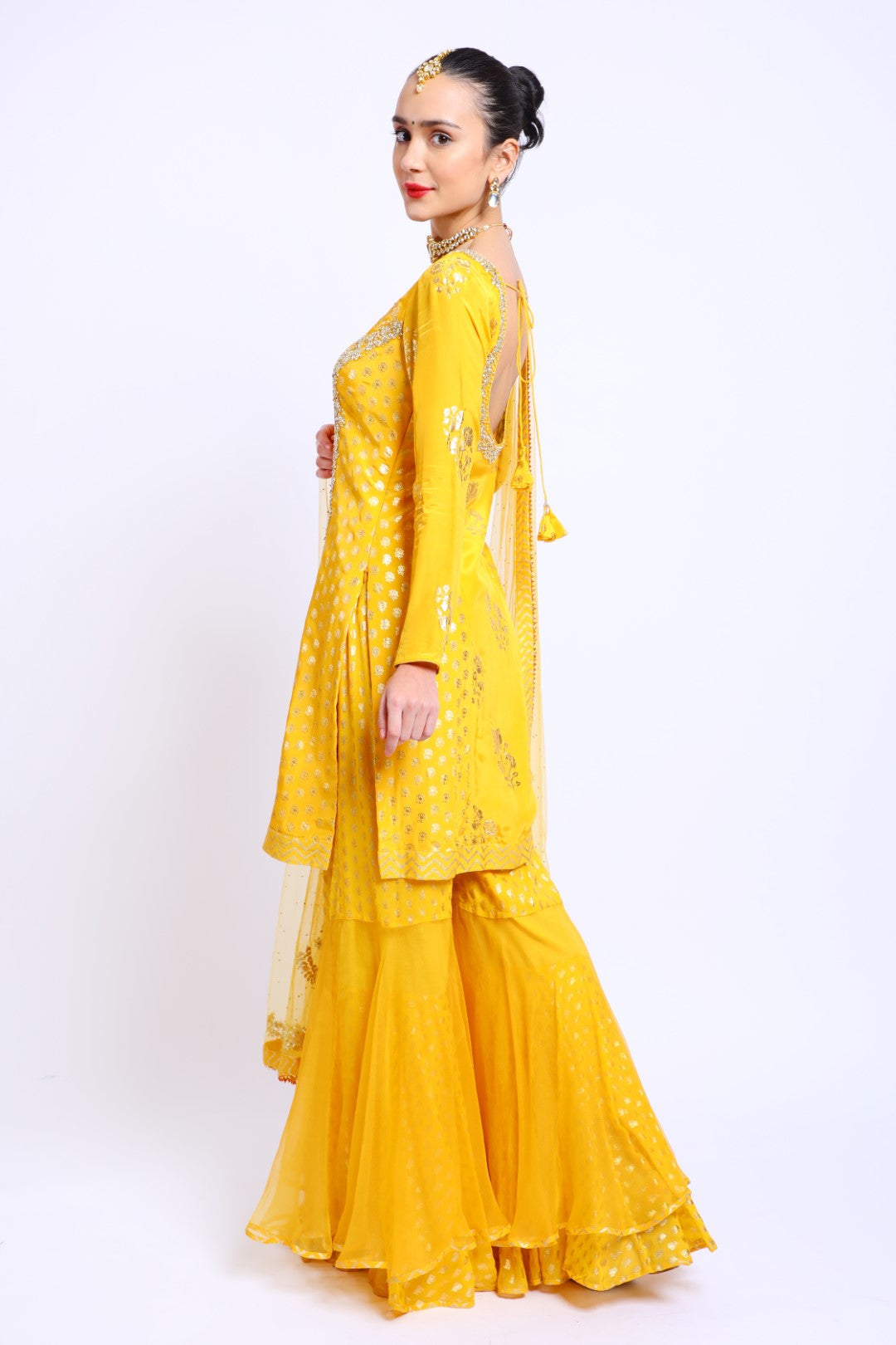 Yellow Crepe Embroidered Kurta with Sharara and Emb Dupatta
