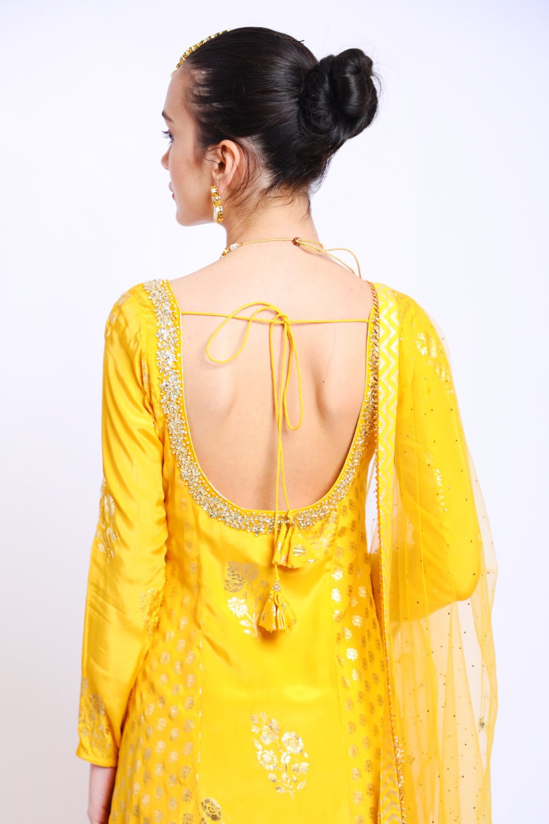 Yellow Crepe Embroidered Kurta with Sharara and Emb Dupatta