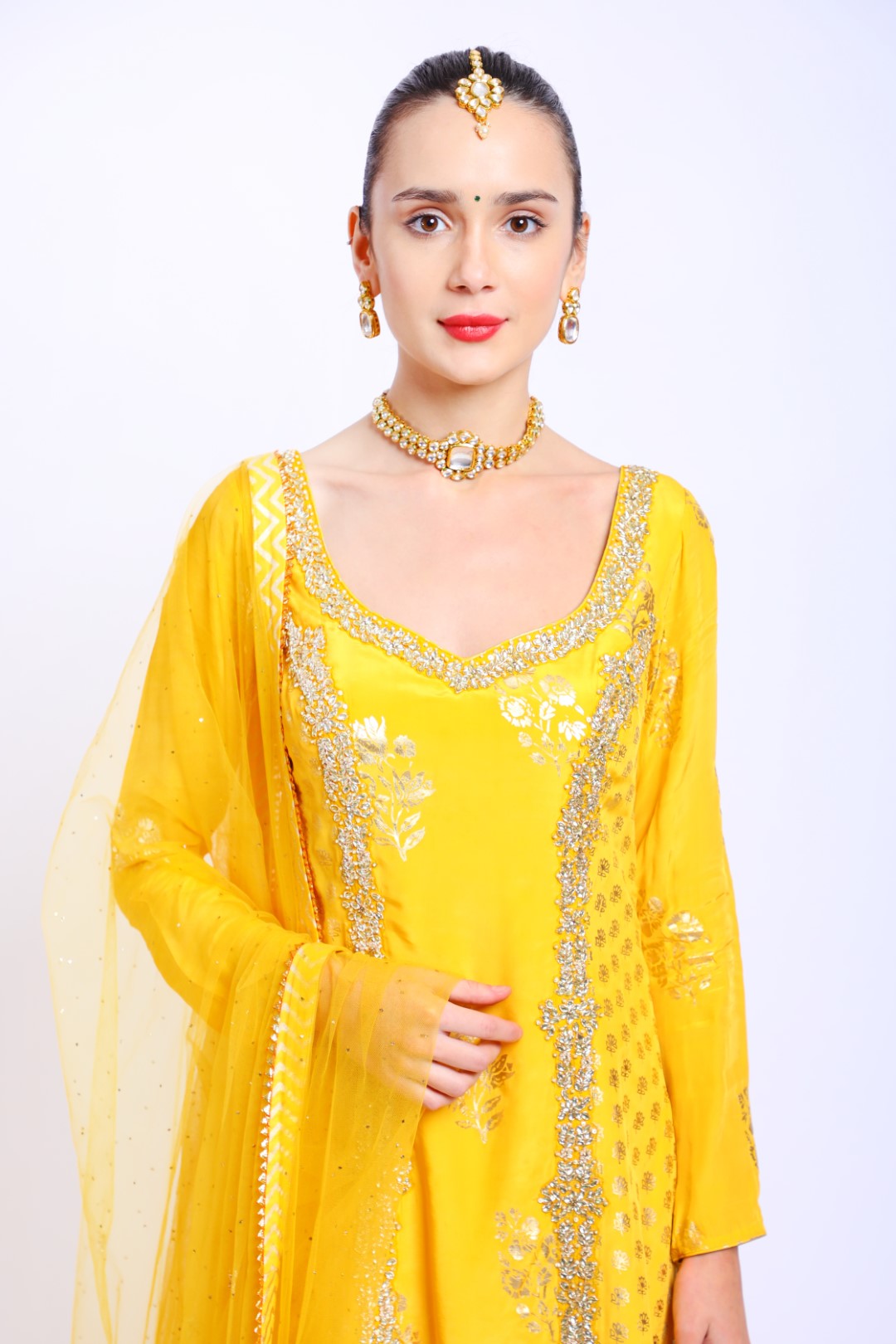 Yellow Crepe Embroidered Kurta with Sharara and Emb Dupatta