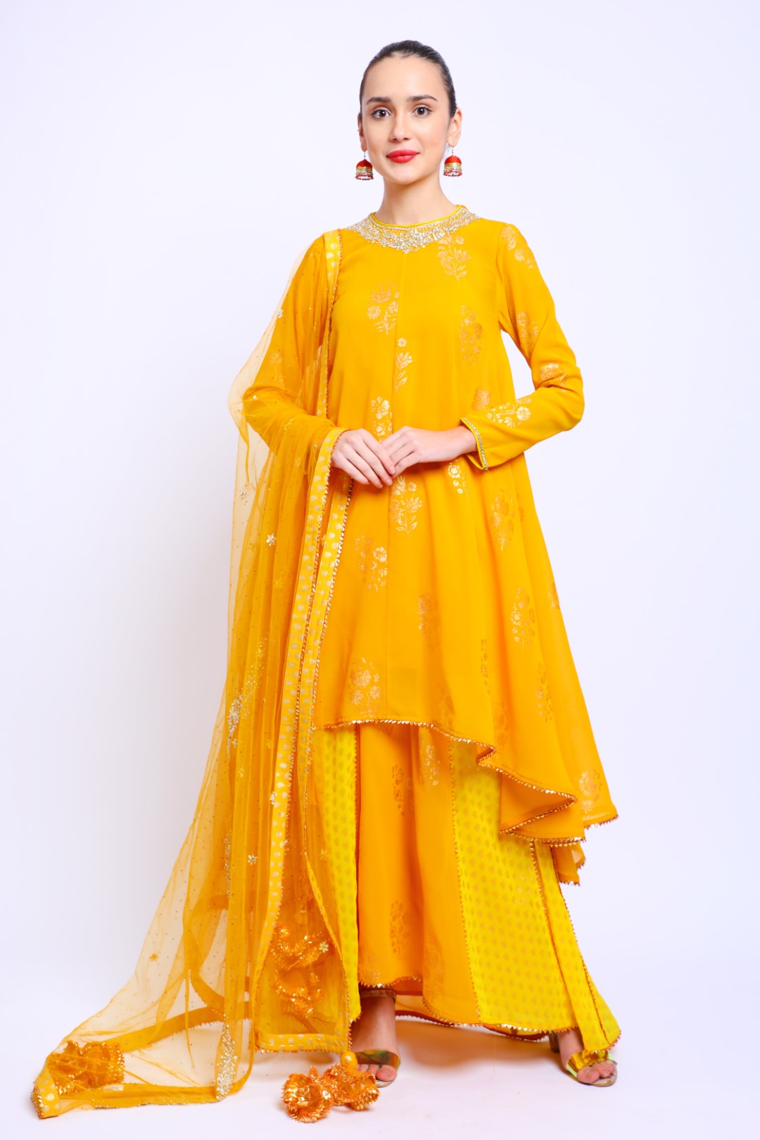 Haldi Yellow Asymmetrical Georgette Emb Kurta paired with Skirt & Dupatta