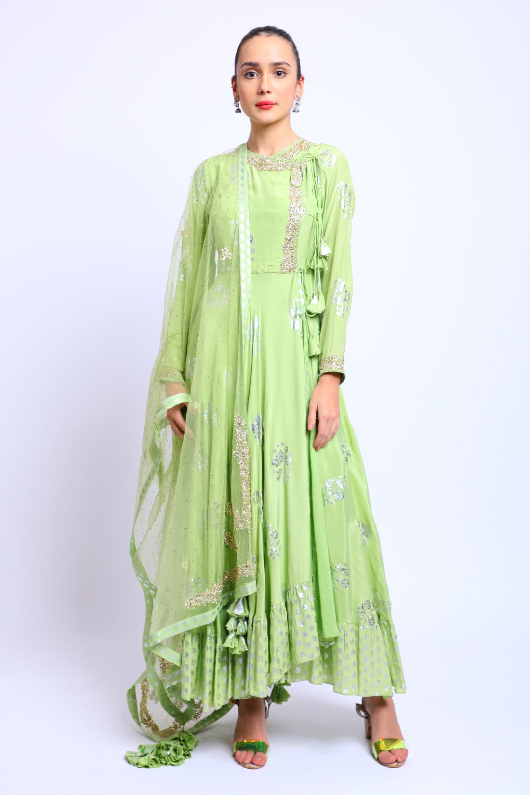 Aqua Green Crepe Embroidered Angrakha with Emb Dupatta and Churidar