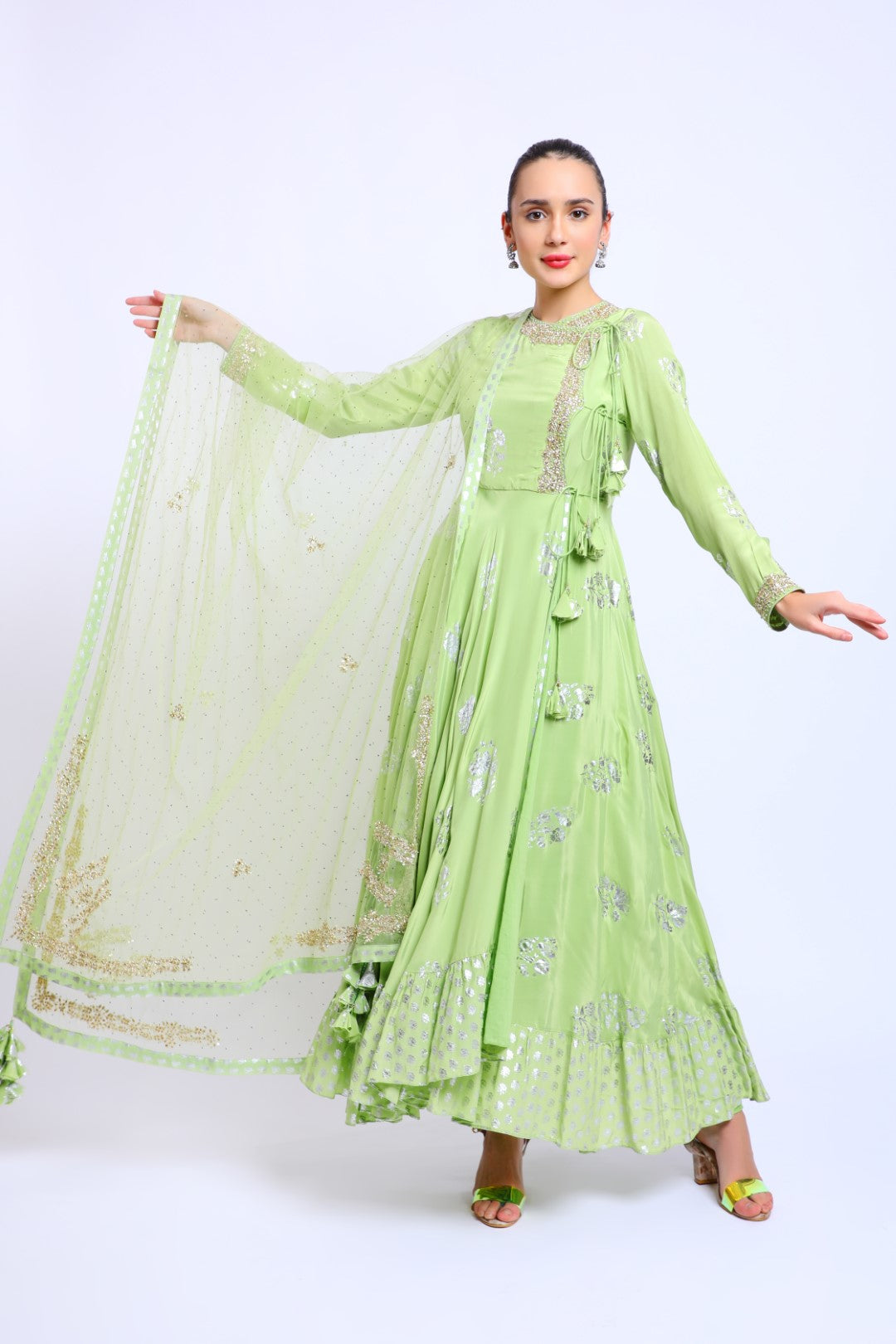 Aqua Green Crepe Embroidered Angrakha with Emb Dupatta and Churidar