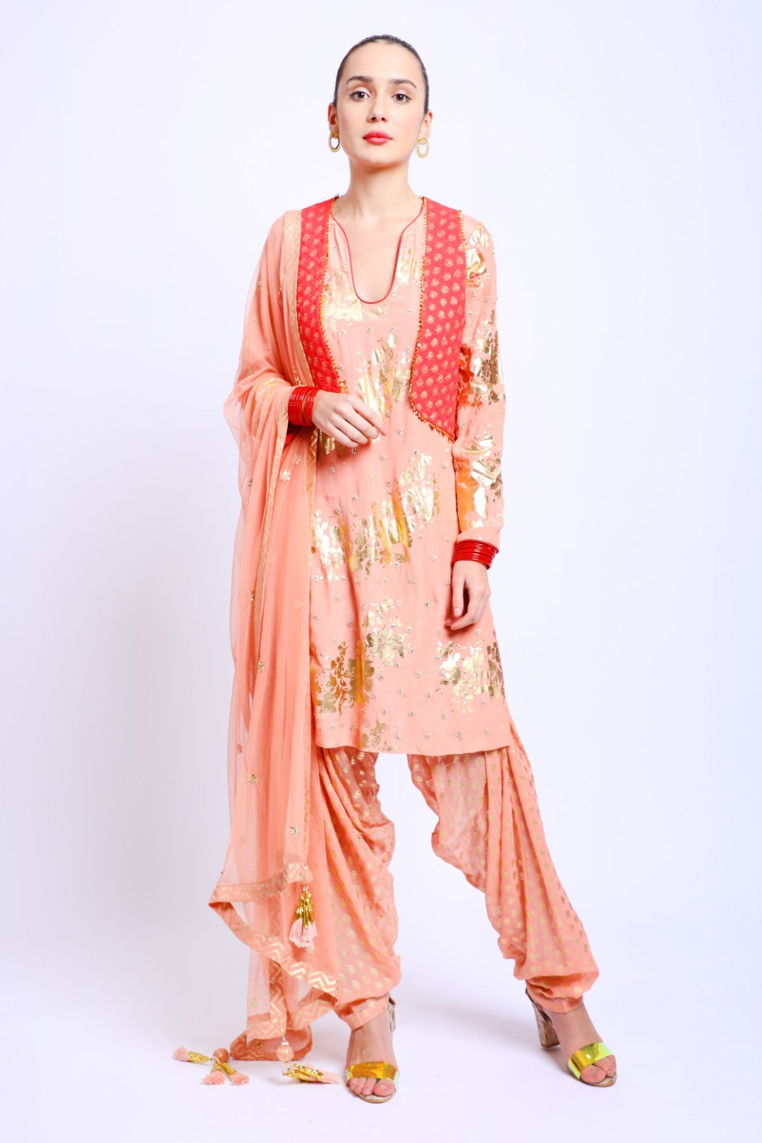 Salmon Pink Crepe Embroidered Kurta Set paired with Salwar, Jacket & Dupatta