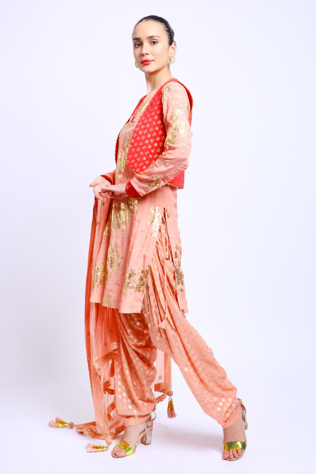 Salmon Pink Crepe Embroidered Kurta Set paired with Salwar, Jacket & Dupatta