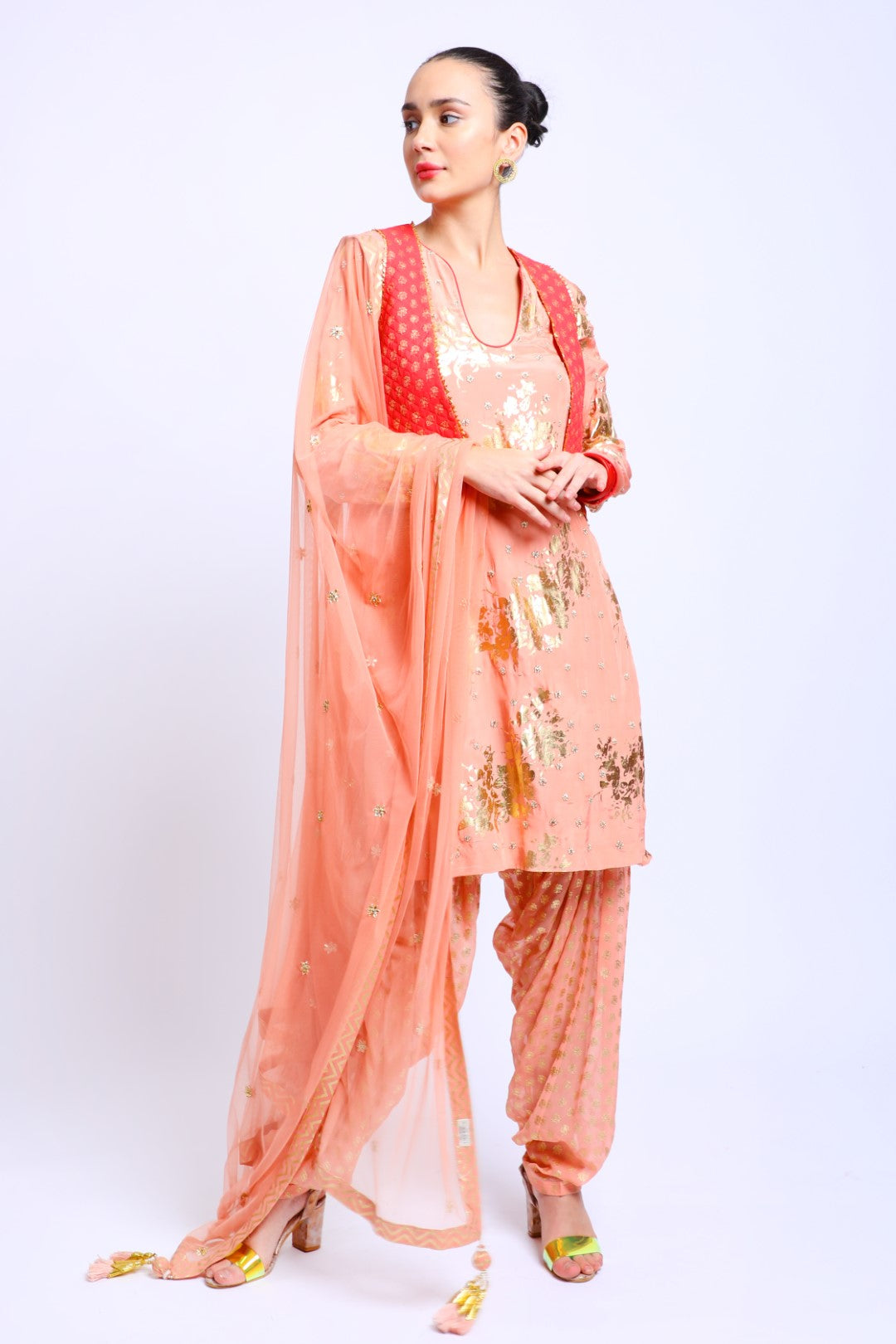 Salmon Pink Crepe Embroidered Kurta Set paired with Salwar, Jacket & Dupatta
