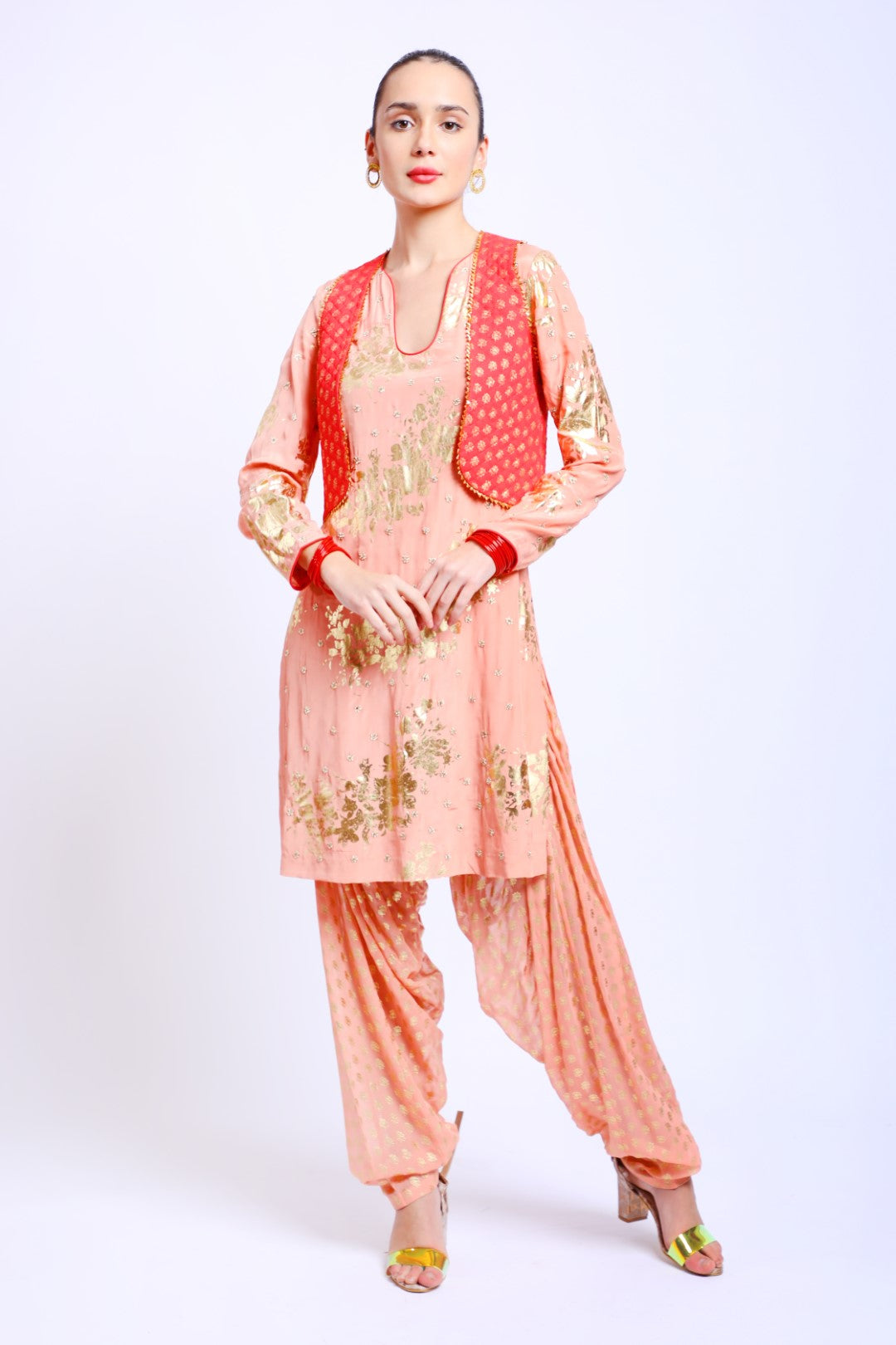 Salmon Pink Crepe Embroidered Kurta Set paired with Salwar, Jacket & Dupatta