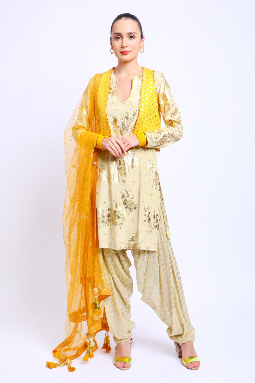 Antique Jade Crepe Embroidered Kurta Set paired with Salwar, Jacket & Dupatta