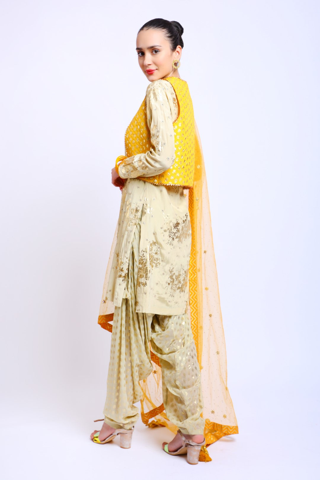 Antique Jade Crepe Embroidered Kurta Set paired with Salwar, Jacket & Dupatta