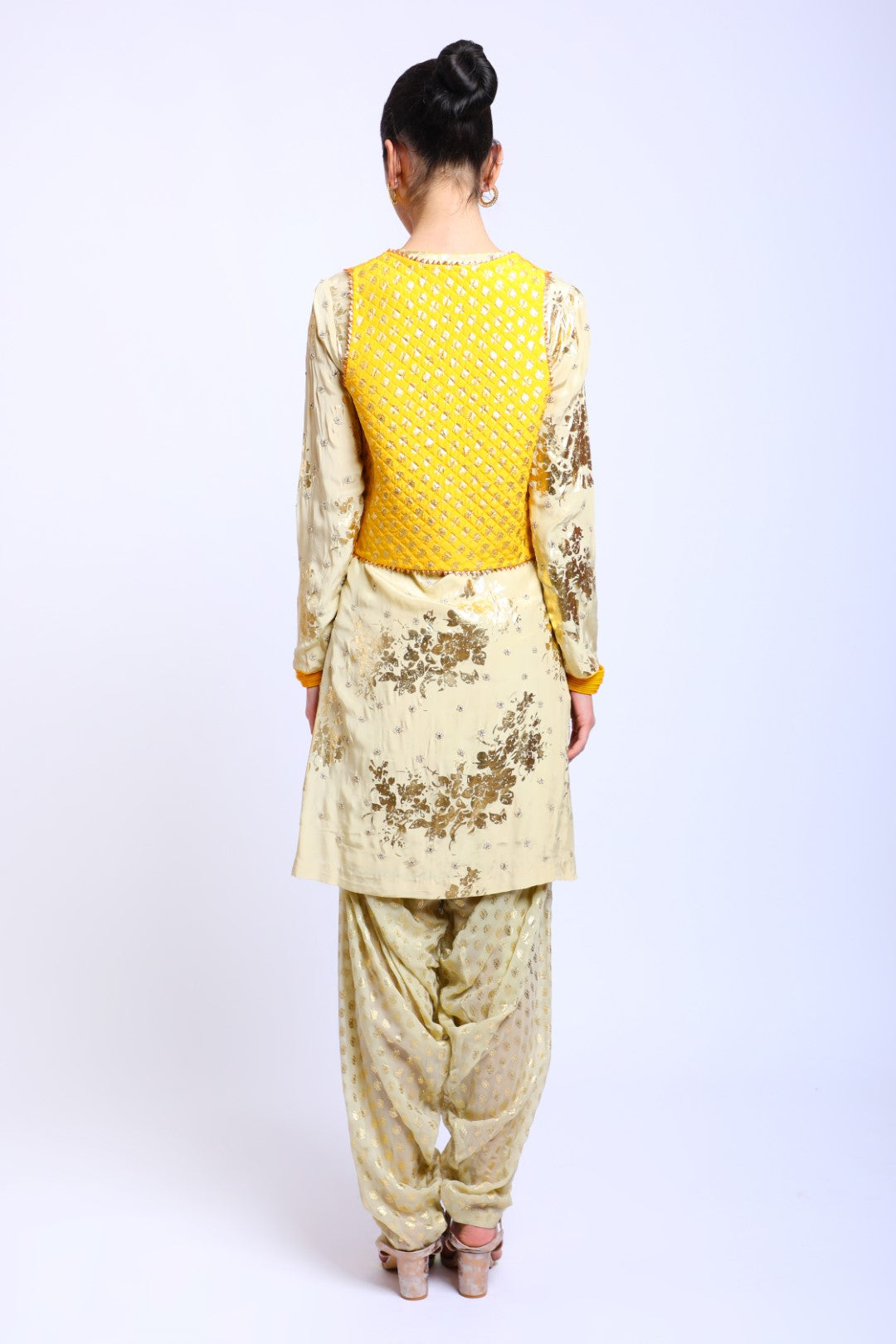 Antique Jade Crepe Embroidered Kurta Set paired with Salwar, Jacket & Dupatta