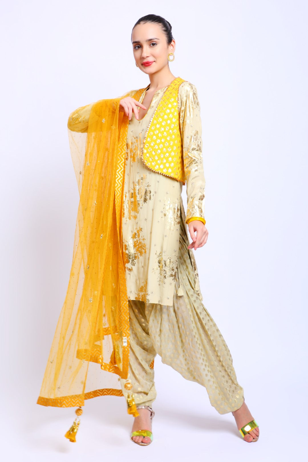 Antique Jade Crepe Embroidered Kurta Set paired with Salwar, Jacket & Dupatta