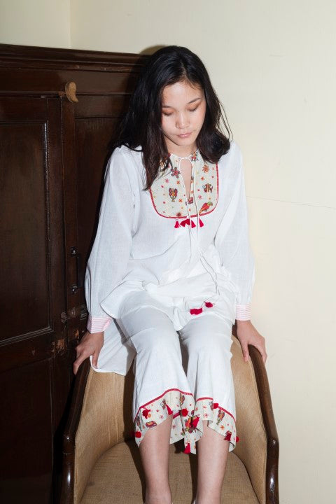 Hand Woven Cotton Emb. Yoke Tunic-Set Paired With Emb Palazzo and Tassels detailing. Azo Free
