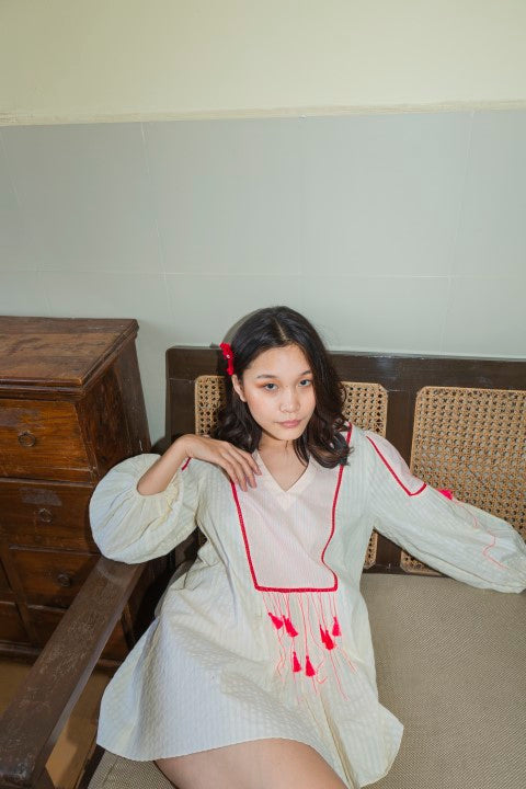 Seersucker Cotton Top with Stitch detailed Front yoke And Tassels Detailing. Azo Free
