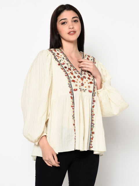 Seersucker Cotton Emb. Top with Tassels Details. Azo Free