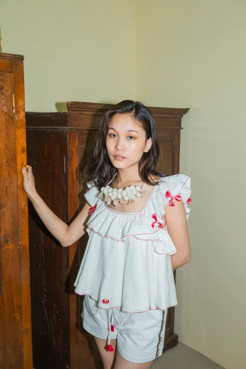 Hand Woven Cotton Emb. Ruffled Top with Mul Mul Lining And Tassels Details. Azo Free
