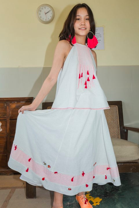 Hand Woven Cotton Halter Top with Blanket Stitch and Tassels Details. Azo Free