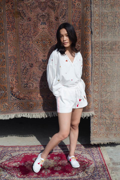 Hand Woven Cotton Emb. Top with ruffels And Tassels Detailing. Azo Free