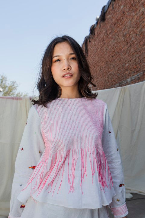 Hand Woven Cotton Emb. Top with Pintucks And Tassels Detailing. Azo Free