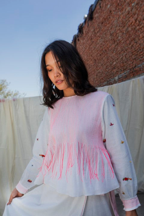 Hand Woven Cotton Emb. Top with Pintucks And Tassels Detailing. Azo Free