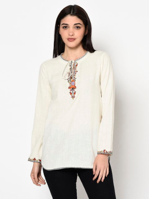 Hand Woven Cotton Emb. Top with Apple Cut Hem And Tassels Detailing. Azo Free