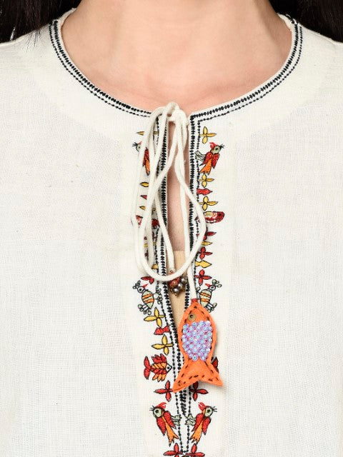 Hand Woven Cotton Emb. Top with Apple Cut Hem And Tassels Detailing. Azo Free