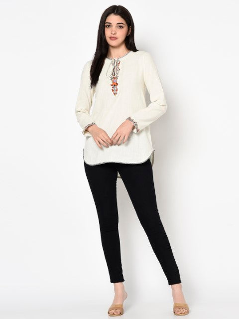 Hand Woven Cotton Emb. Top with Apple Cut Hem And Tassels Detailing. Azo Free