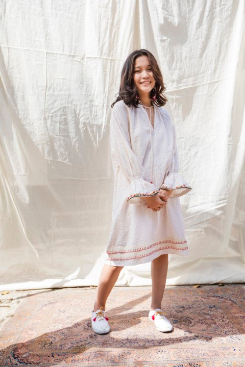 Seersucker Cotton Emb. Raglan Sleeves Tunic With Smocking and Tassels Detailing. Azo Free