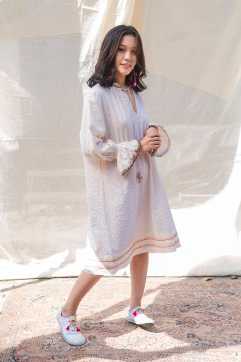 Seersucker Cotton Emb. Raglan Sleeves Tunic With Smocking and Tassels Detailing. Azo Free