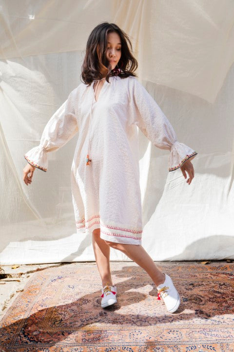 Seersucker Cotton Emb. Raglan Sleeves Tunic With Smocking and Tassels Detailing. Azo Free