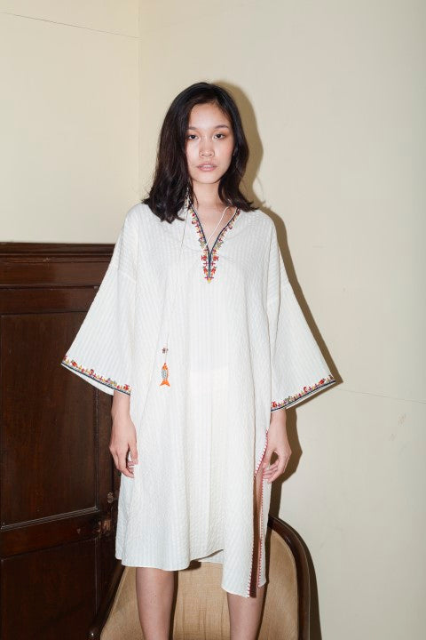 Seersucker Cotton Emb. Drop Sholder Tunic with Tassels Detailing. Azo Free
