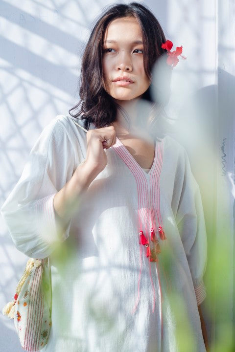 Hand Woven Cotton Emb. Tunic With Stitch Details And Tassels Detailing. Azo Free