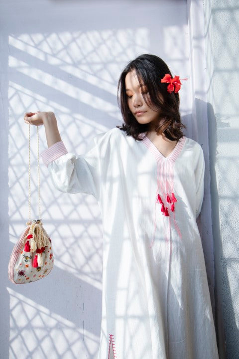 Hand Woven Cotton Emb. Tunic With Stitch Details And Tassels Detailing. Azo Free