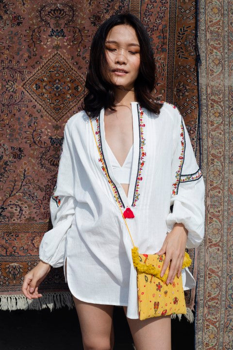 Hand Woven Cotton Emb. Tunic with Tassels Details. Azo Free