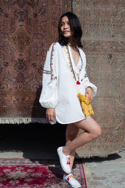 Hand Woven Cotton Emb. Tunic with Tassels Details. Azo Free