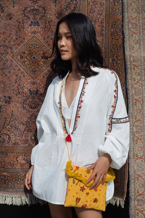 Hand Woven Cotton Emb. Tunic with Tassels Details. Azo Free