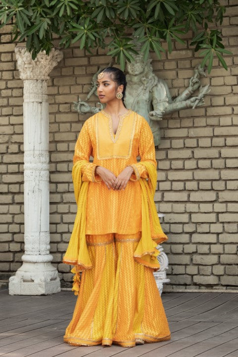 PANELED KURTA WITH KALIDAR SHARARA AND DUPATTA