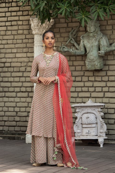 KNEE LENGTH KURTA WITH SHARARA AND DUPATTA