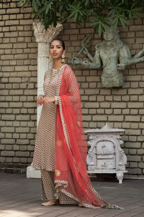 KNEE LENGTH KURTA WITH SHARARA AND DUPATTA