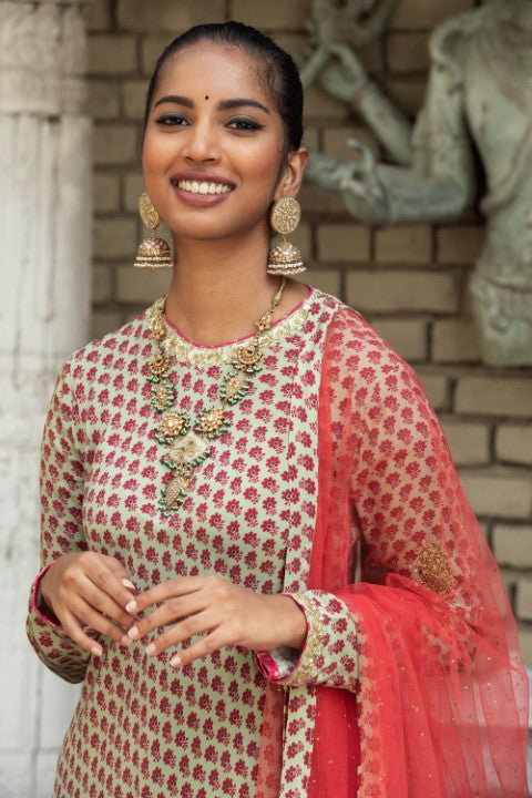 KNEE LENGTH KURTA WITH SHARARA AND DUPATTA