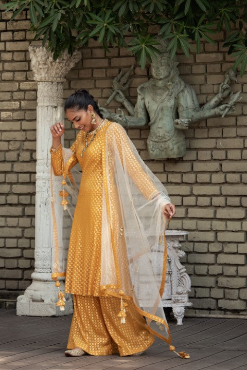 KNEE LENGTH KURTA WITH SHARARA AND DUPATTA