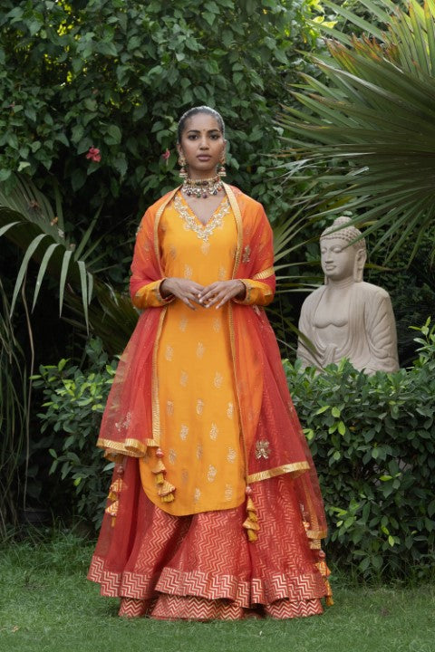 APPLE CUT KURTA WITH LAYERED LEHNGA AND DUPATTA