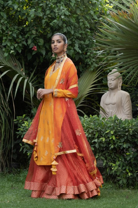 APPLE CUT KURTA WITH LAYERED LEHNGA AND DUPATTA