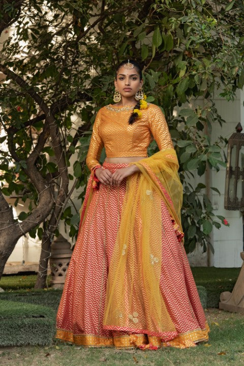 FOIL PRINTED BLOUSE WITH LEHNGA AND DUPATTA