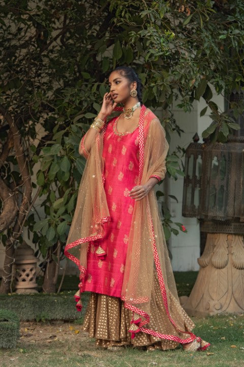 KNEE LENGTH KURTA WITH SHARARA AND DUPATTA