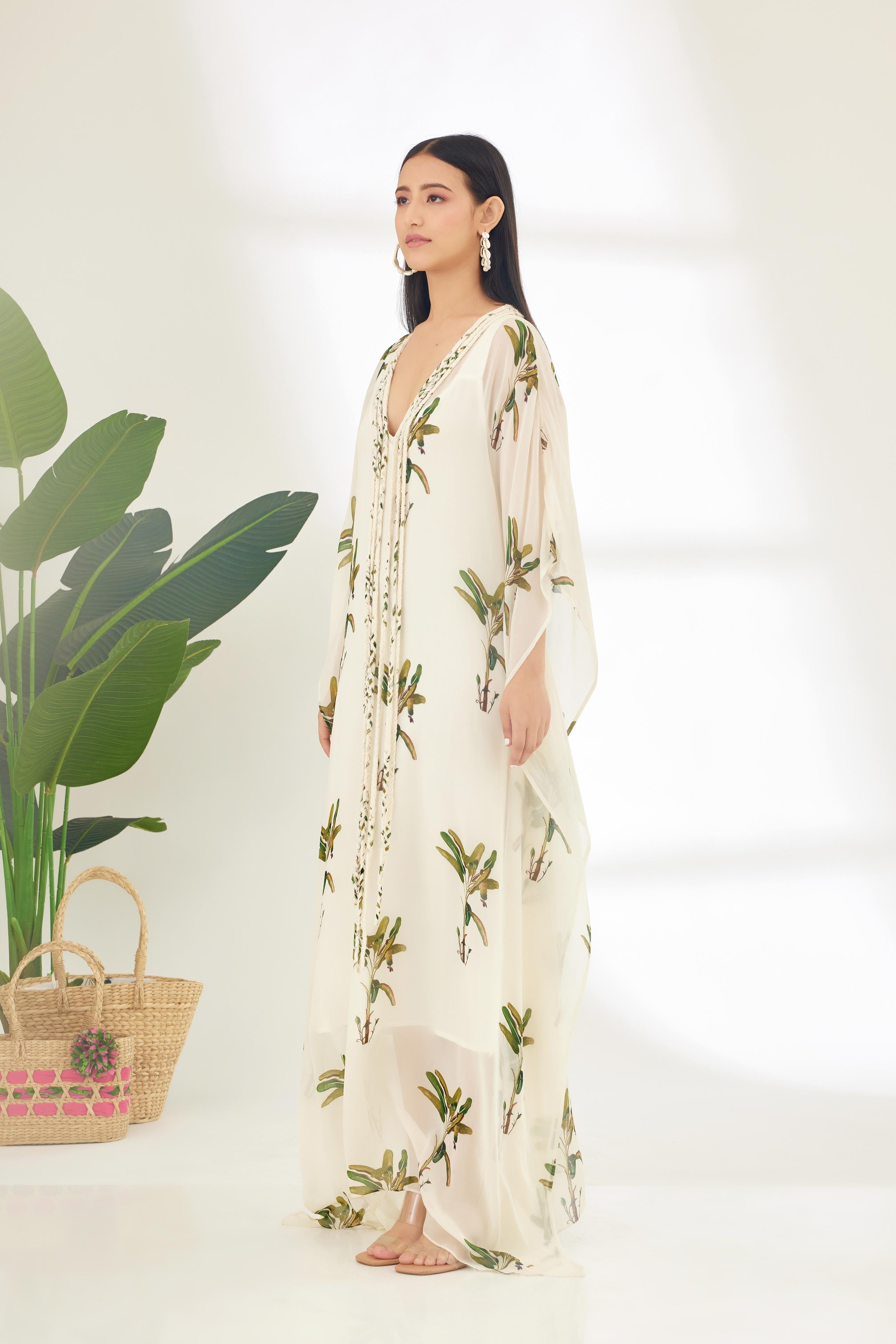 Off-White Hand painted Banana Tree Print Kaftan Dress