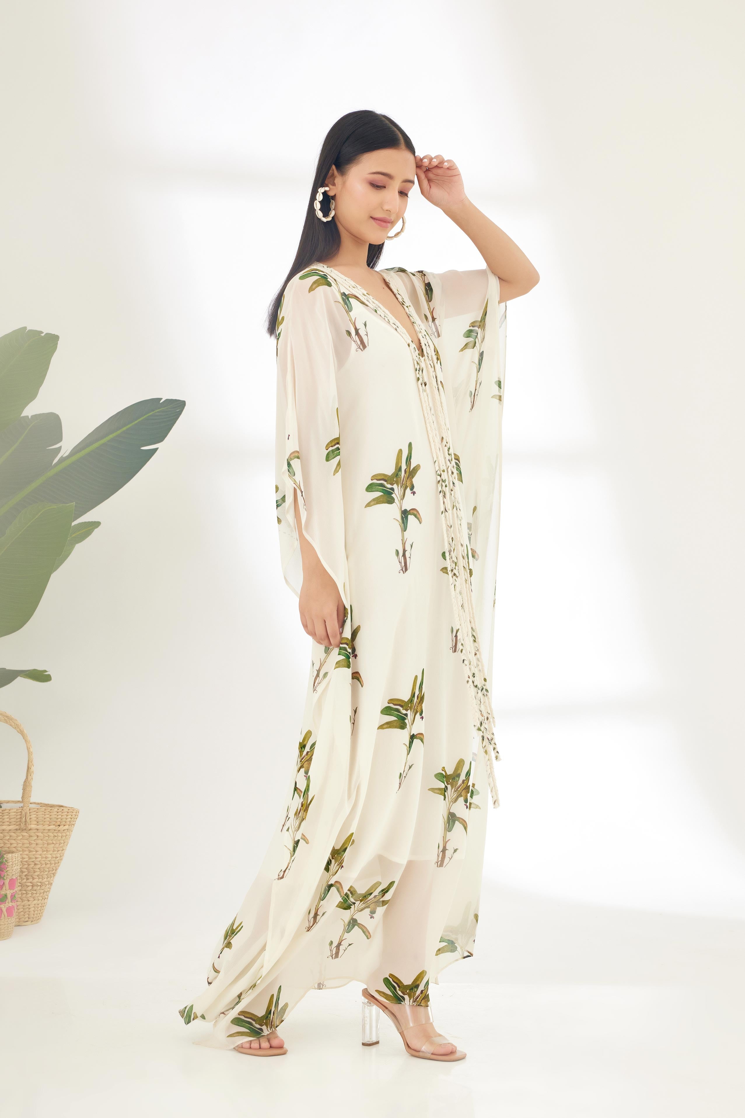 Off-White Hand painted Banana Tree Print Kaftan Dress